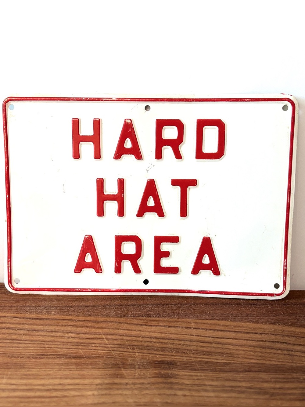 Embossed Metal Sign Hard Hat Area Red And White Raised Lettering 10"x7" Vintage